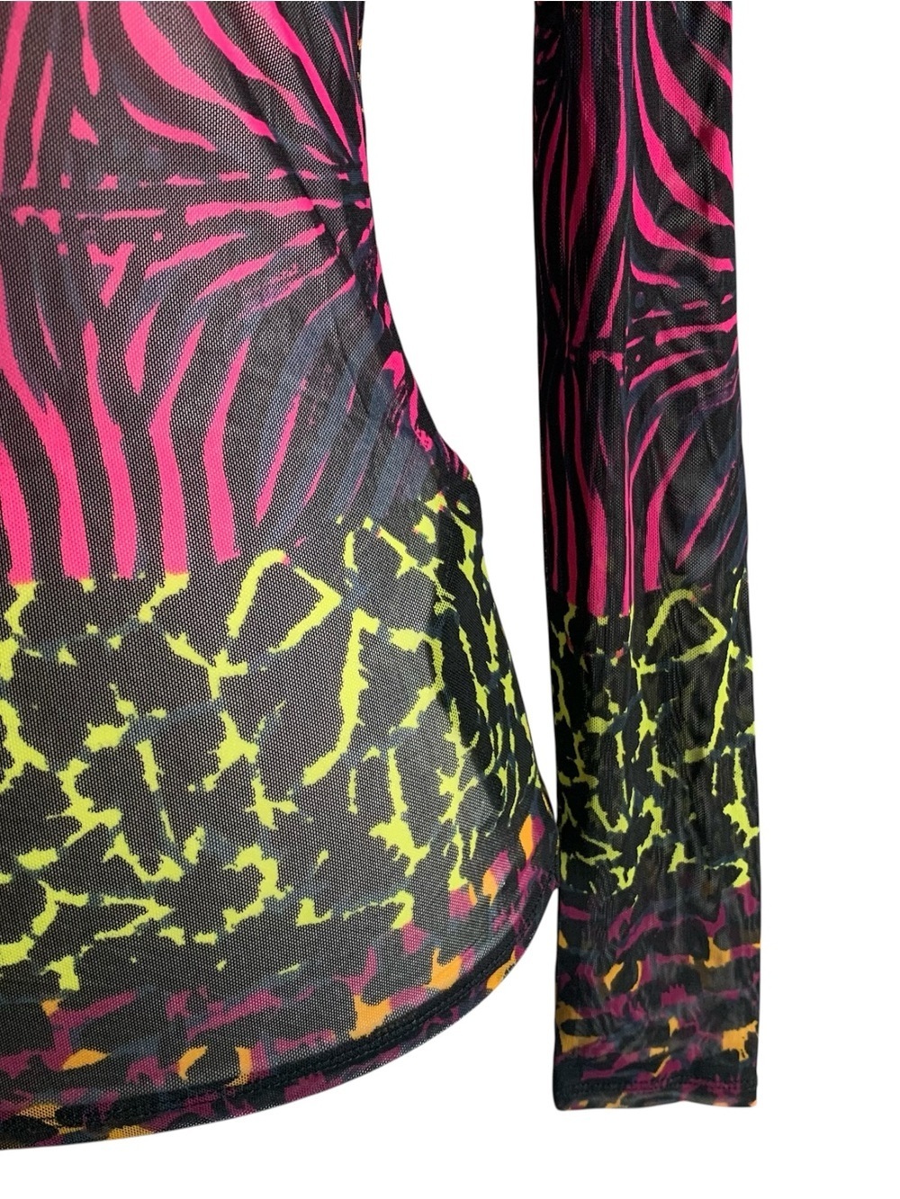 Guess Statement Top Sheer Mesh Mock Neck LS Abstract Animal Black Fuchsia Gold S - Picture 6 of 10